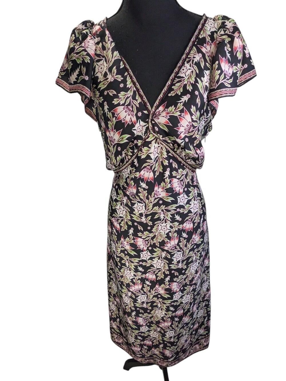 Max Studio Black Floral Faux Wrap Midi Dress with Pink Accents Size L Office